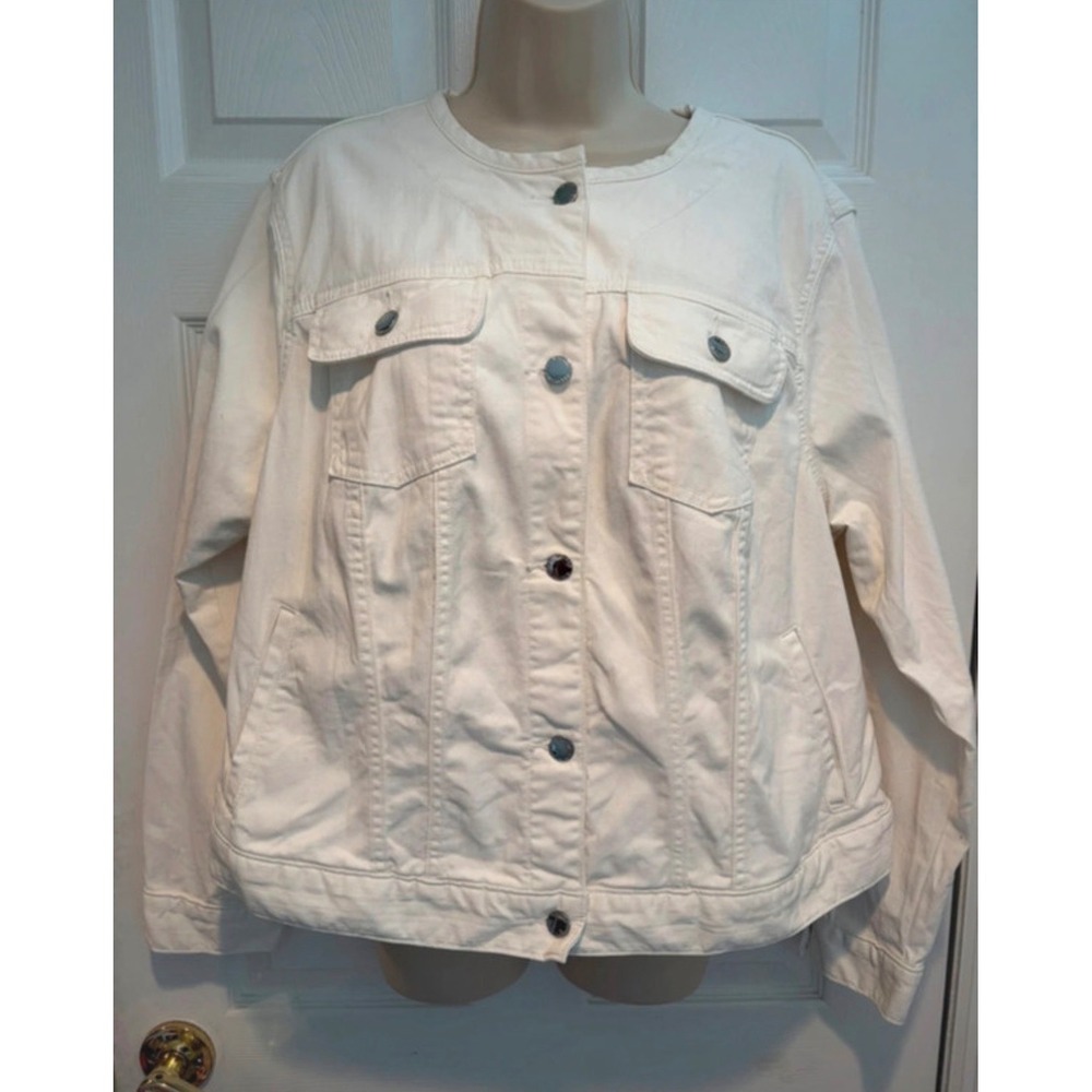 Lauren Ralph Lauren White Denim Jacket Womens 2X Collarless Stretch Trucker